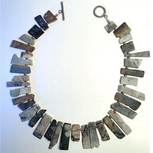 Handmade Jasper Stone Slab Statement Bib Necklace with Silver Beads & Toggle